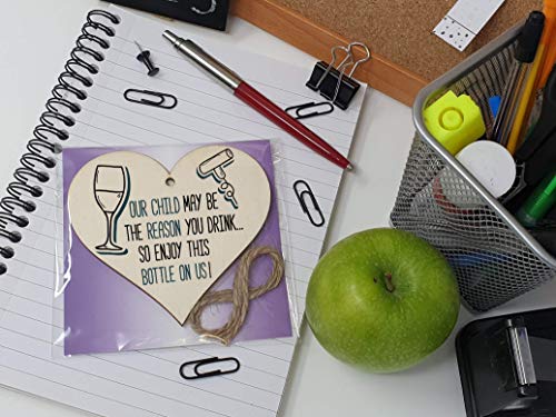 Handmade Wooden Hanging Heart Plaque Gift Our child may be the reason you drink novelty fun alcohol Thank You present card alternative bottle tag - Image 4