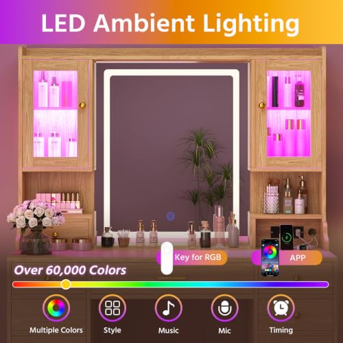 Image of CSZZD Makeup Vanity Desk with Mirror and Lights, Large Vanity Table Set with Charging Station, Dressing Table with RGB Cabinets & 6 Drawers, Wood Vanity Mirror with Light Desk with Storage Shelves