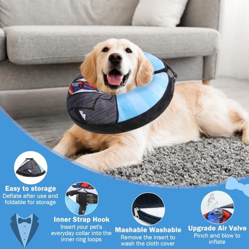 SCENEREAL Dog Cone Alternative After Surgery Pet Recovery Collar for Small Medium Large Dogs Cats, Adjustable Inflatable Donut to Prevent Licking, Black Suit Print E-Collars - Thumbnail 5
