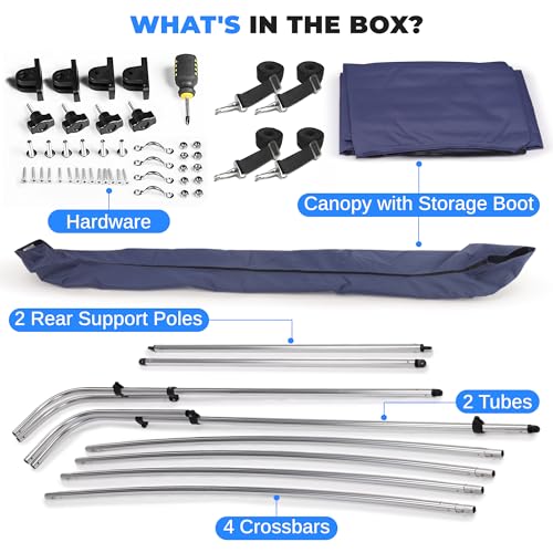 Image of SereneLife 4 Bow Blue Bimini Top Boat Cover, with Canvas Aluminum Frame ,UV Level 4 Protection Waterproof Canopy, with Front Straps & Rear Support Arms, Fits 8'L x 79-84 inchW x 54 inchH Boats Easy Install