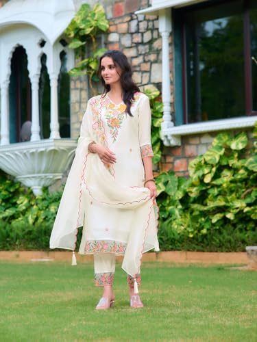Image of NIVANA Womens Embroidered Rayon Kurta with Pant & Organza Embroidered Dupatta | Straight Fit | V-Neck | 3 /4 Sleeve | Ethnic Wear Set for Festive & Casual Occasions