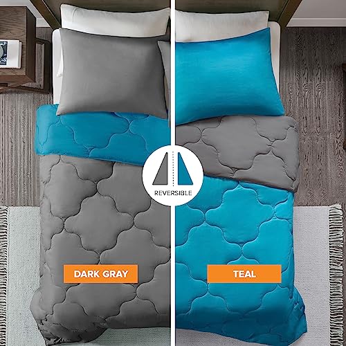 Image of Comfort Spaces Vixie Reversible Comforter Set - Trendy Casual Geometric Quilted Cover, All Season Down Alternative Cozy Bedding, Matching Sham, Teal /Charcoal, Twin /Twin XL 2 piece