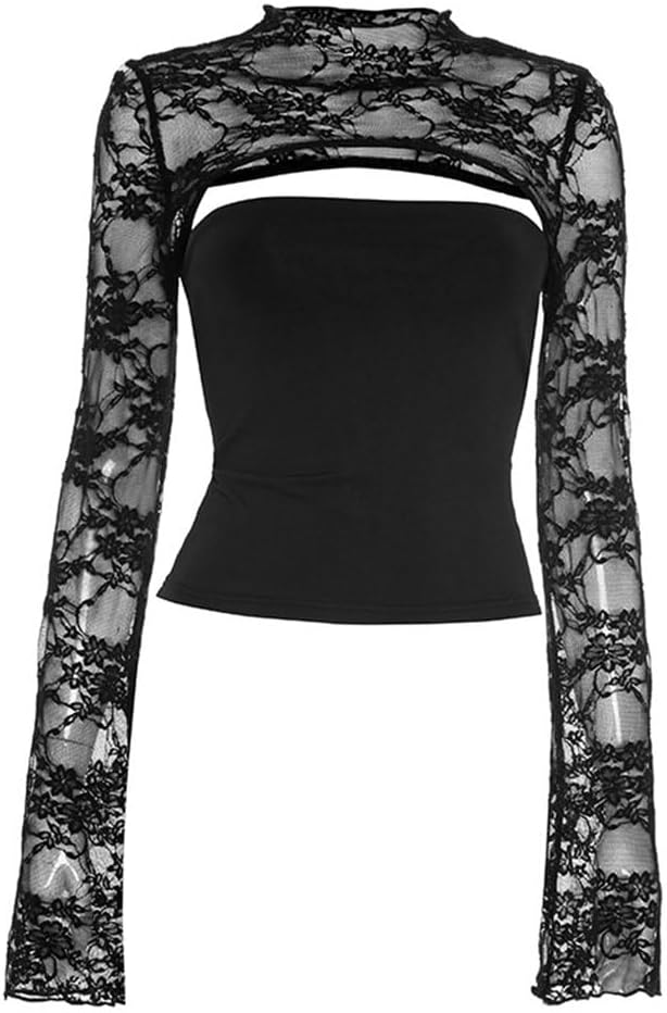 Women's Black Floral Lace Mesh See Through Crop Top Sexy Sheer Long Sleeve Hollow Out Blouses Cutout Y2K Slim Fit Shirt - Image 5