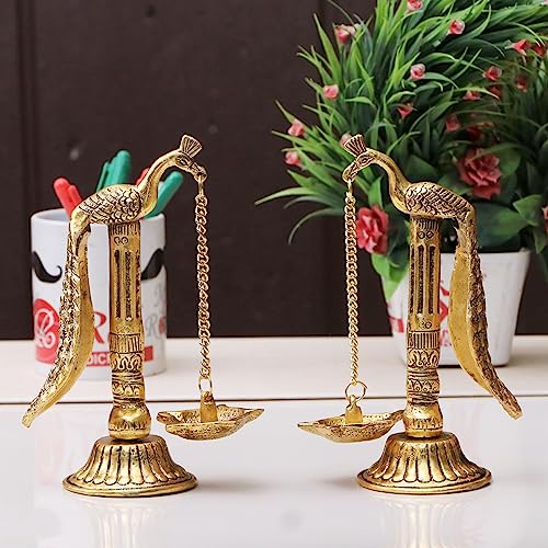 Image of Peacock Design Metal Hanging with Chain Diya Pair of Peacock Design Bird Diya Deepak Oil Lamp