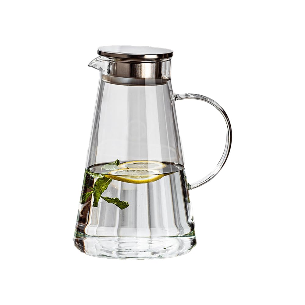 YTSMZX Glass Water Jug Transparent Fridge Fruit Juices Liquors Milk Jug with Lid Heat Resistant Cold Resistant,1.8L