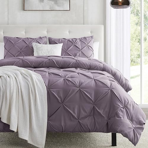 Image of Nestl California King Duvet Cover Grey Purple - Soft Double Brushed Duvet Set with Button Closure & Corner Ties, 3 Piece Luxurious Pinch Pleated Duvet Cover Set 104x98 Inches with 2 Pillow Shams