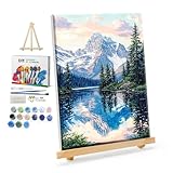 YOYA Framed Paint by Numbers Kit for Adults - Mountain Adult Paint by Number Kits on Canvas with Easel, DIY Mountain Lake Paint by Number Framed Canvas for Home Wall Decor 8x12 Inch