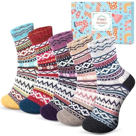 URECOVER Gifts for Women Socks Stocking Stuffers - 5 Pairs Vintage Wool Socks Winter Warm Cozy for Teen Girls Mom Wife Cover