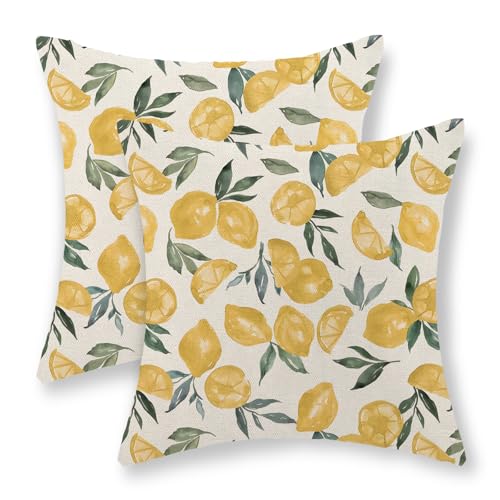 JEFERSO Summer Pillow Covers 18x18 Inch Set of 2 Yellow Lemon Pillow Covers Summer Outdoor Decorative Pillow Cases Linen Farmhouse Yellow Cushion Covers Decor for Couch Living Room Bedroom Sofa
