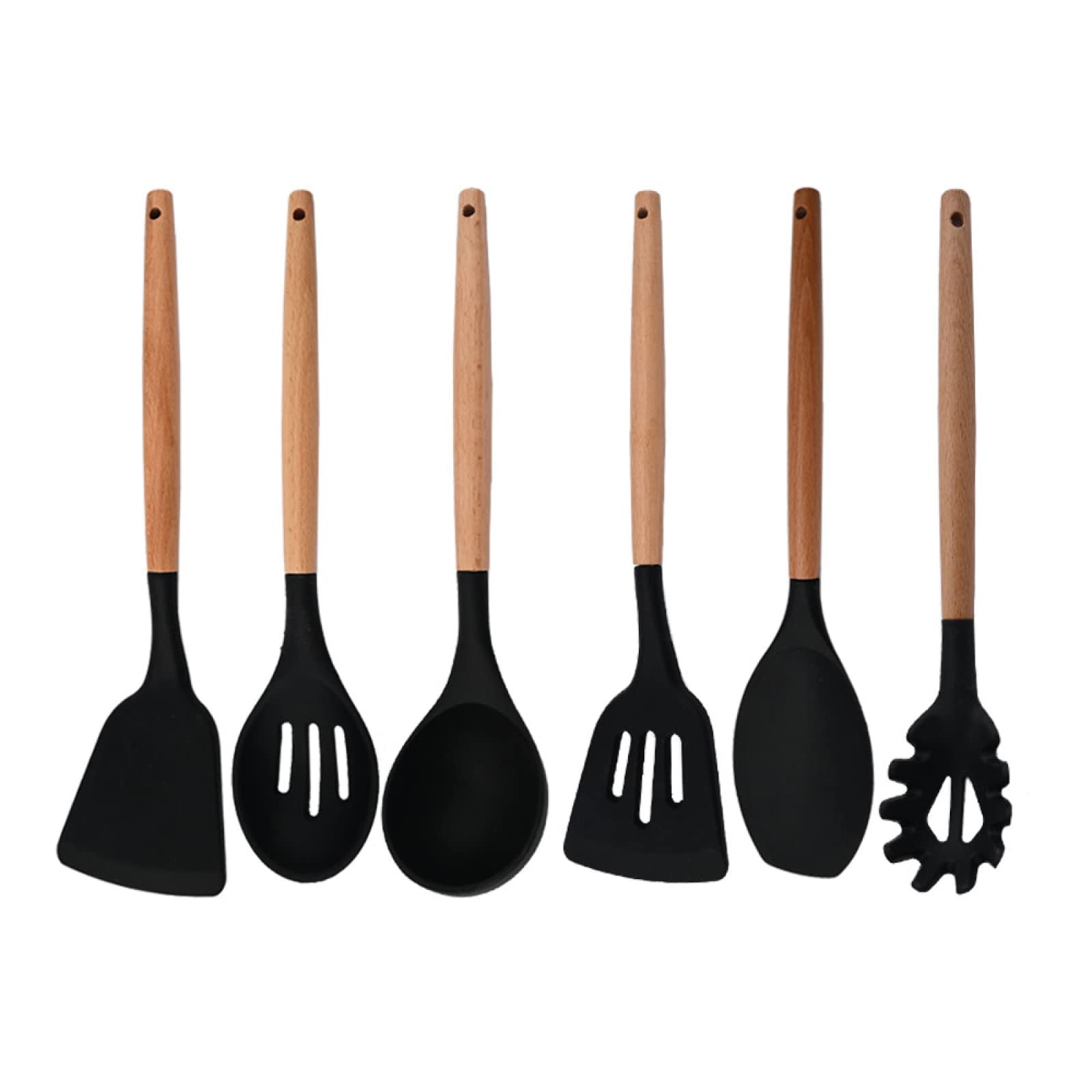 GTHTUHFD Cooking Spatulas And Spoons,Spoon Setcooking Utensils Set Silicone Kitchen Utensil Nonstick Cooking Utensils Wooden Handle Cookware Baking Gadget Set,Black 6pcs