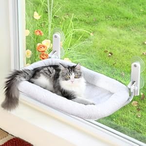 Zakkart Foldable Cat Hammock for Window – Cordless, Embeded Machine Washable Bed, Robust Metal Frame – Cat Window Perch for Large Cats and Kittens (White Bolster Bed, Large)