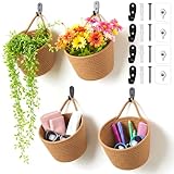 4 Pack Fabric Wall Hanging Baskets, Woven Pouchs with Adhesive Hooks Boho Style Wall Mounted Bag, Storage Decoration Pocket Caddy for Living Room, Bedroom, Kitchen(Linen, 6.5 x 6.5 x 6.7 inches)