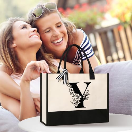 Image of Tecanne Personalized Initial Canvas Tote Bag, Suitable for Birthday, Wedding, Beach, Holiday, Gifts for Women, Mom, Teachers, Nurses, Best Friends, Bridesmaids (Y)