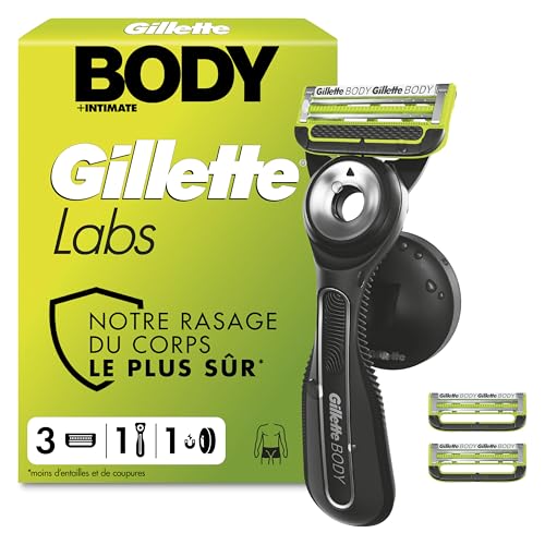 Gillette Labs Body + Intimate Rasoir Intime Homme, 3 Cartouches, Noir – Conçu pour le Rasage du Corps et du Pubis, Lames avec une Barre Anti-Poils Incarnés...