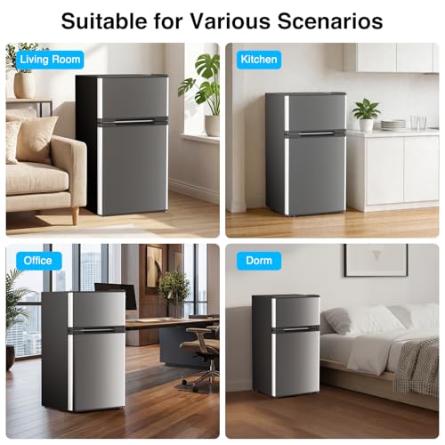 Image of Kismile 2.5 Cu.Ft Mini Fridge with Freezer, Double Door Compact Refrigerator, 3-Level Mechanical Thermostat, Reversible Door&Removable Shelves, Low Noise, Ideal for Office, Apartment, Dorm, Silver