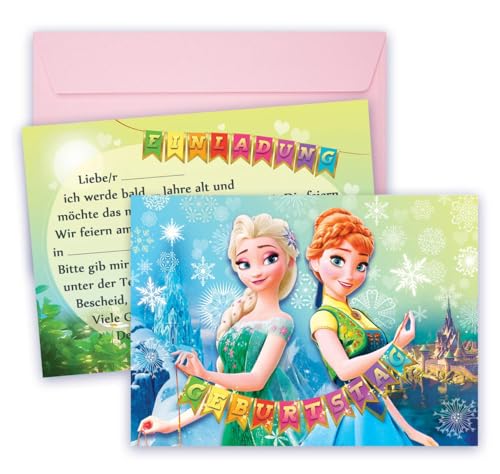 NiLiNo Eiskönigin Einladungskarten Kindergeburtstag – 8 Einladungen + 8 Umschläge – Anna Elsa Mädchen Geburtstag Mottoparty – Frozen Party Karten