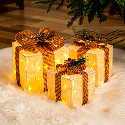 gresonic Lighted Gift Boxed Christmas Decorations, Set of 3 Piece Present Ornament Boxes with Pre-lit Fairy Lights, Light Up Gift Box for Indoor Outdoor Xmas Tree Party Holiday Decor (Battery Box)