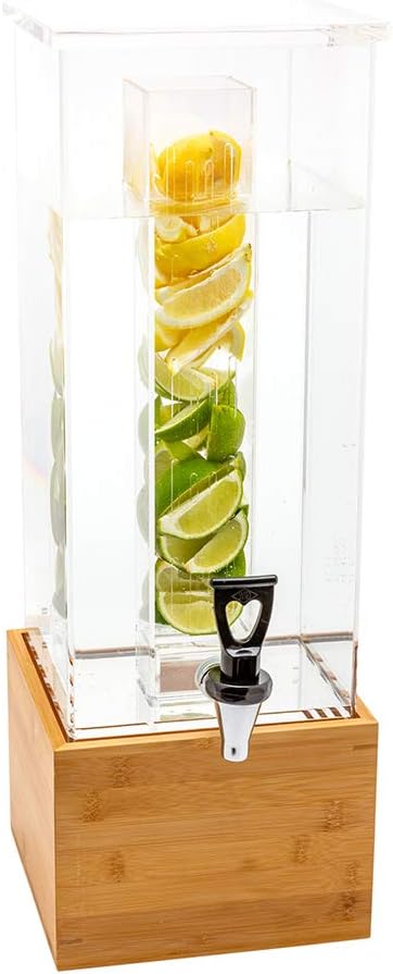 Restaurantware Bev Tek 2 Gallon Beverage Dispenser 1 Square Drink Dispenser For Parties - With Infusion Core Bamboo Base Clear Acrylic Drink Dispenser With Stand Easy-To-Use Spigot