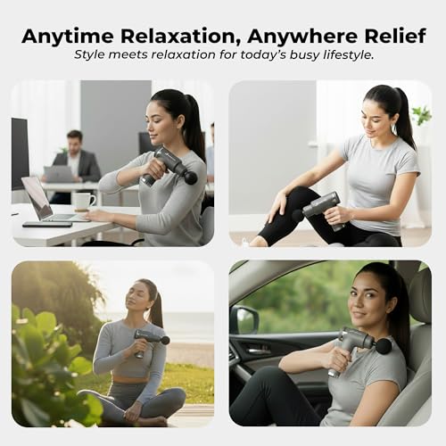 Image of Durafit91 Pulse Pro Handy Deep Tissue Massage Gun for Full-Body Pain Relief, Rechargeable and Cordless with Lithium Battery | 6 Speed Intensities (Low to High) | Includes 4 Interchangeable Massage Heads for Various Muscle Relaxation Needs (Neck, Shoulder, Back, and Foot) for Men and Women | Suitable for Use at Home, the Gym, and During Travel (Grey)