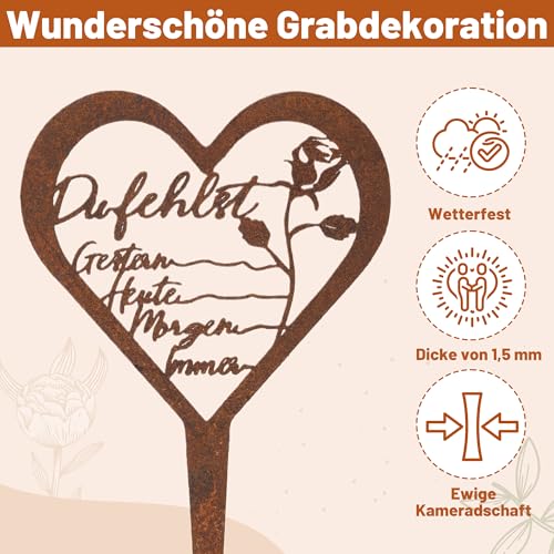 WUISOLQP Wetterfest Grabstecker Herz Grabschmuck Trauerdekoration Metall Stahl Rost Grabstecker mit Spruch Grabschmuck Grabdekoration für Erinnerung Andenken Trauer Gärten Höfe Friedhofsdeko