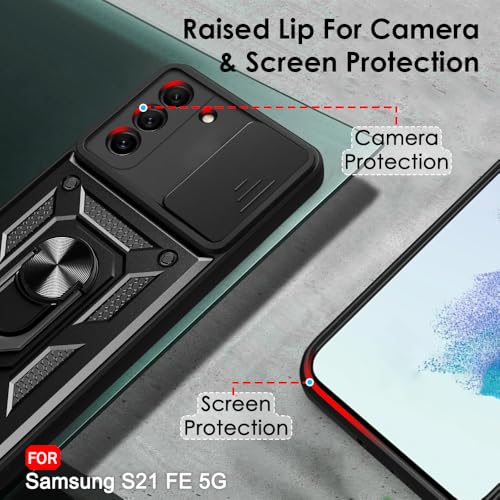 Image of TheGiftKart Tough Armor Bumper Back Cover Case for Samsung Galaxy S21 FE 5G | Ring Holder & Kickstand in-Built | 360 Protection Case Cover for Samsung S21 FE (PC & TPU, Sliding Camera Cover, Black)