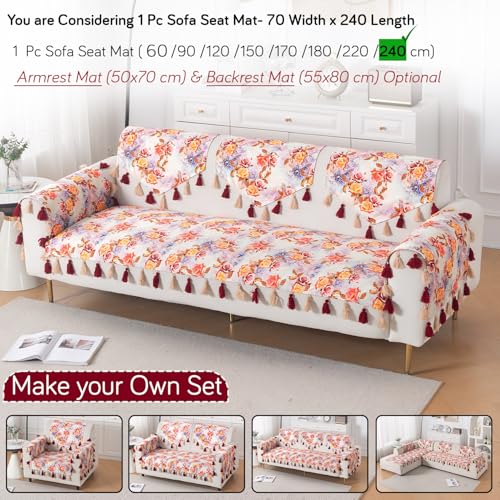 Image of HOKIPO Printed Holland Velvet Sofa Cover with Tassel for 1 /2 /3 Seater & L Shape Sofa | Make Your Own Set, 'Whispers of Nature' Sofa Mat, 70(W) x 240(L) cm, Vintage Rose Bloom (IN-1124-D12)