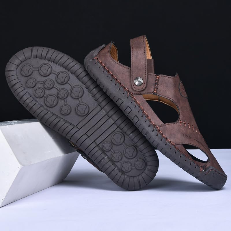 Men's Leather Fisherman Sandals, Closed Toe, Hollow Athletic Sandals Slip-on Roman Casual Summer Beach Slipper Shoes3
