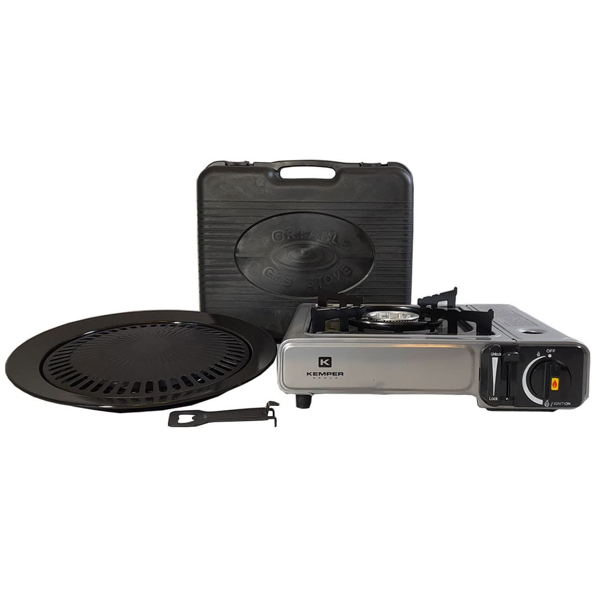 KEMPER - Barbecue Grill 2 in 1 fornello a gas piezo 2200 W + piastra grill + 4 cartucce gas butano campeggio