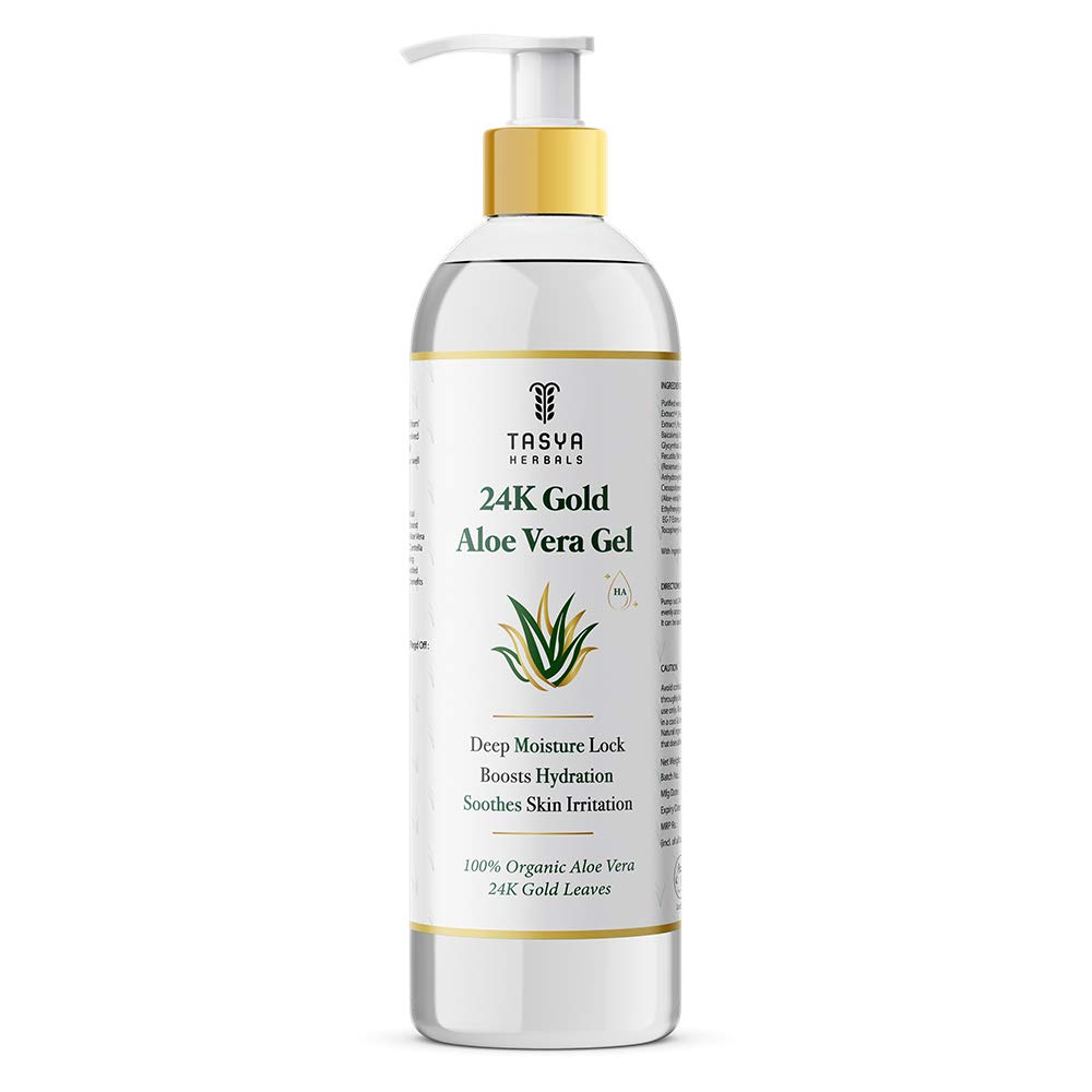 Tasya Herbals Hyaluronic Acid 24K Gold Leaf Aloe Vera Moisturizing Gel, Anti Aging, Anti Wrinkle, Soothes Dry and Irritated Skin, Leaves Skin Plump and Rejuvenated 4.2 Ounce
