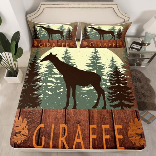 Cute Giraffe Fitted Sheet Queen Size 3 Pcs,Lodge Cabin Jungle Rustic Style Bedding Set for Kids Teens Adults,Wild Animal Pine Trees Bed Sheet with 2 Pillowcases(No Top Sheet)