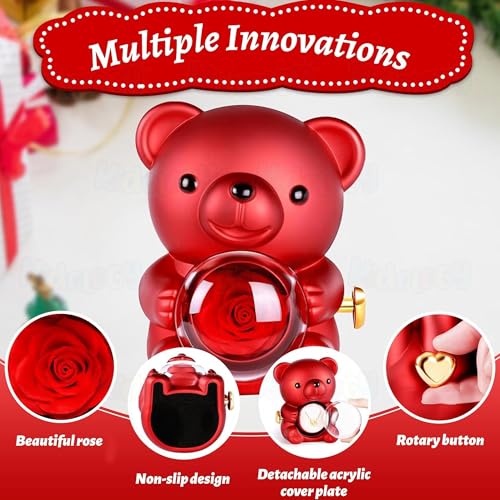 Image of Kidology Teddy Bear with Preserved Rose | Forever Flower Bear with Hidden Jewellery Box | Elegant Gift Box for Women, Romantic Gift for Valentine's Day (Without Necklace) (Red)