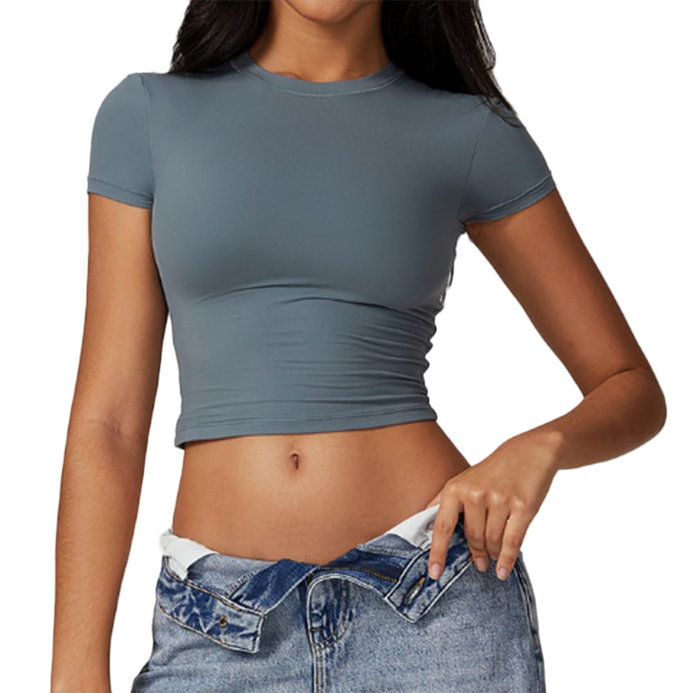 XYFfybhsd Yoga Fitness Clothes Gym Workout Sports Fitted Crop Tops for Women(Size:XL,Color:Grey Blue)