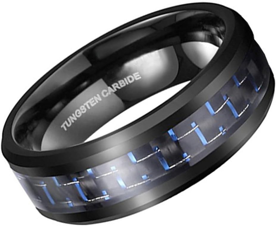 (8mm) Unisex or Men's Tungsten Carbide Wedding Ring Band. Black Ring with Blue and Black Carbon Fiber Inlay.