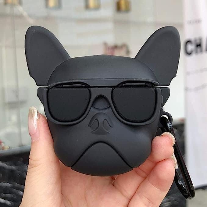 Image of Dezet Cute Soft Silicone Pouh Case for Airpods Pro GEN-2 (2022) � 3D Cartoon Animal Character Cover with Keychain Ring, Shockproof & Dustproof Protective Case for Kids & Girls (BULDOG BLK)