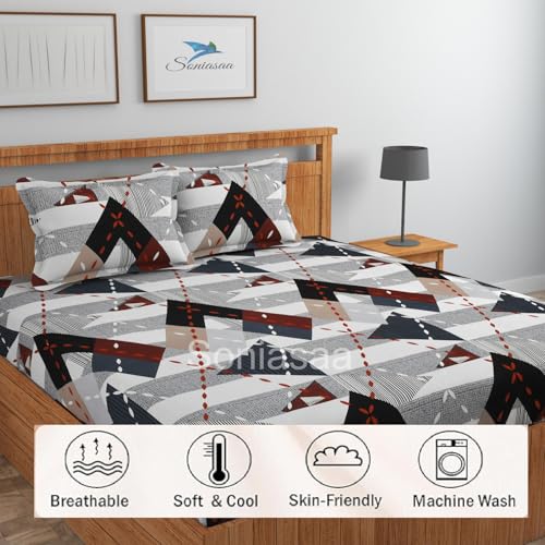 Image of 225 TC Glace-Cotton All Around Elastic Fitted Bedsheet, Elastic Fitted Bedsheet King Size Bedsheet for Double Bed with 2 Pillow Covers, Size - 72 x 78 x 8 Inch Color-Brown & White