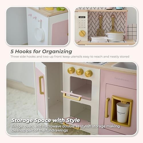 Image of Teamson Kids Little Chef Hampton Wooden Play Kitchen Set, Pink | For Toddlers, 17 Accessories, For Girls and Boys Age 3+, Montessori Style