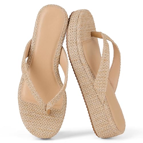 mikarka Womens Raffia Flip-Flops: Thong Style Platform Beach Sandals - Dressy & Casual Low Wedge Vacation Slides for Summer
