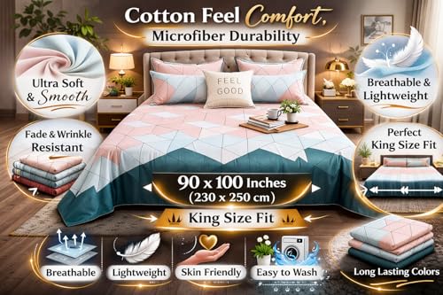 Image of Cotton Feel King Size Flat Bedsheet for Double Bed (90 x 100 Inches | 230 x 250 cm) with 2 Pillow Covers | Soft & Smooth Printed Bedsheet for Daily Use (Beige, King Bed-90x100)
