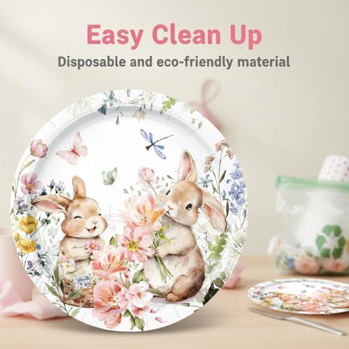 Image of 50 Pcs Easter Paper Plates Party Supplies Bunny Wildflower Paper Plates 7in