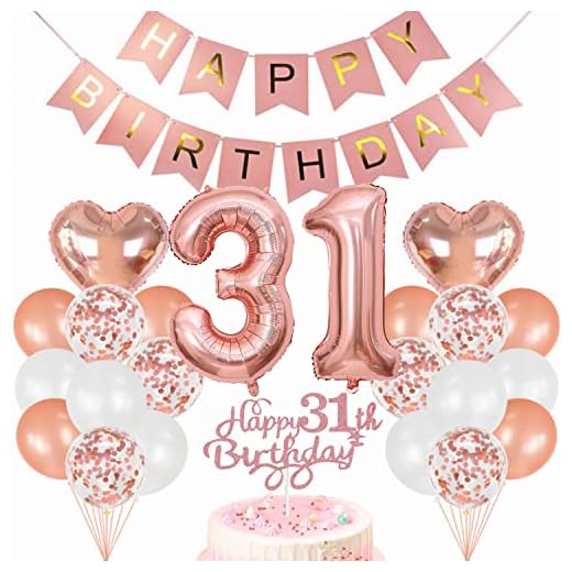 Conruich Decoración de Cumpleaños de 31 años Hombre Mujer, Oro Rosa Globo 31 años Cumpleaños Decoraciones, Decoración de tarta de 31 cumpleañ, Banner de Feliz Cumpleaños para Fiesta 31 años Decoración