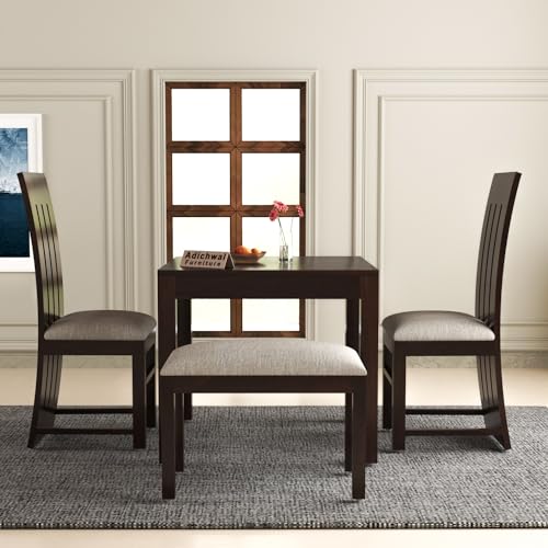 Image of Sheesham Wood 2 Chair with 1 Bench Dining Table Set with Cushioned Chairs for Dining Room | Living Room | | Hotels Restaurant (4 Seater with Bench, Walnut B)