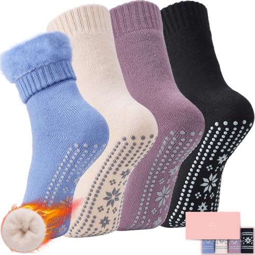 Image of ICEIVY Thermal Slipper Socks, Thick Grip Hospital Plush Slipper Grip Socks Women Winter Soft Warm Cozy Socks 4 Pairs