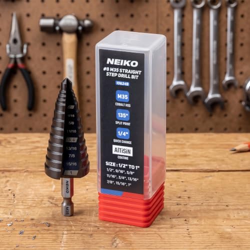 Image of NEIKO 10624B Step Drill Bit, 9 Steps 1 /2 inch to 1 inch Straight M35 Cobalt, AlTiSiN Coated, 1 /4 inch Quick Change Step Bits for Steel, Metal, Wood, Plastic, Unibit Cone Drill Bits, Two Flute