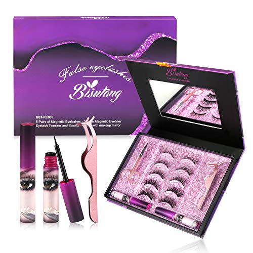 Magnetic Eyelashes with Eyeliner Kit, 5-Pairs Magnetic Eyelashes with 2 Tubes of Magnetic Eyeliner and Tweezers Inside, 3D Reusable Magnetic Eyeliner for Magnetic Lashes Kit-Easy to Wear