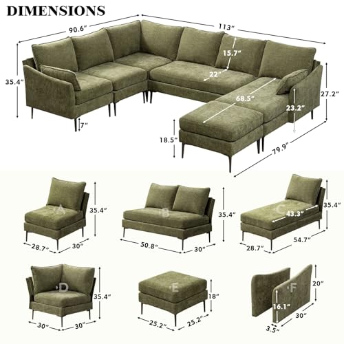 MELLCOM Green Washable Chenille 6-Seat U-Shaped Modular Sofa with Chaise & Ottoman