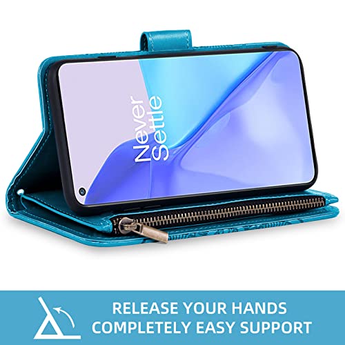 Coque OnePlus 9 portefeuille抗震蓝 étui rabat avec vitre en verre