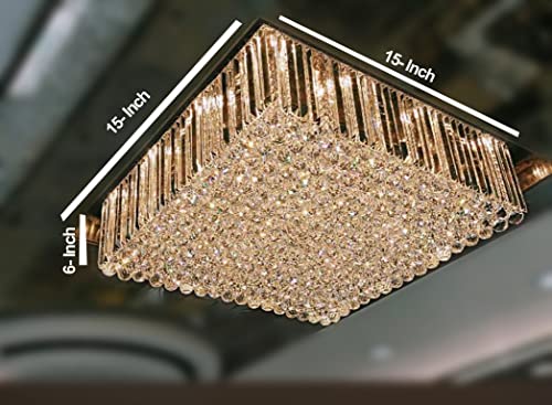 Image of Sanleen Rectangular K9 Crystal Chandelier Ceiling Light | 15 inch x 15 inch x 6 inch Glass Decorative Hanging Lamp for Living Room, Bedroom, Dining Room & Drawing Room | Luxury Vintage Home Decor Lighting Fixture