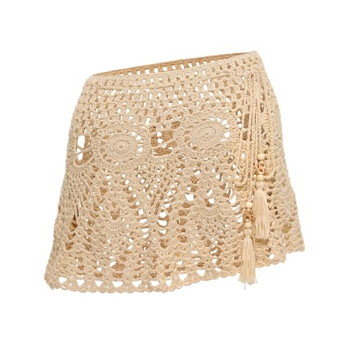 SBOVIA Wild Knit Crochet Beach Cover Up, Boho Knit Swimwear Skirt with Tassels, Beige3