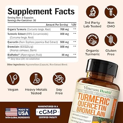 Quercetin with Bromelain Turmeric Curcumin Supplement Allergy Relief, Immune & Joint Support Organic Turmeric Supplement w/Bioperine for Enhanced Absorption, 60 Quercetin 500mg Capsules
