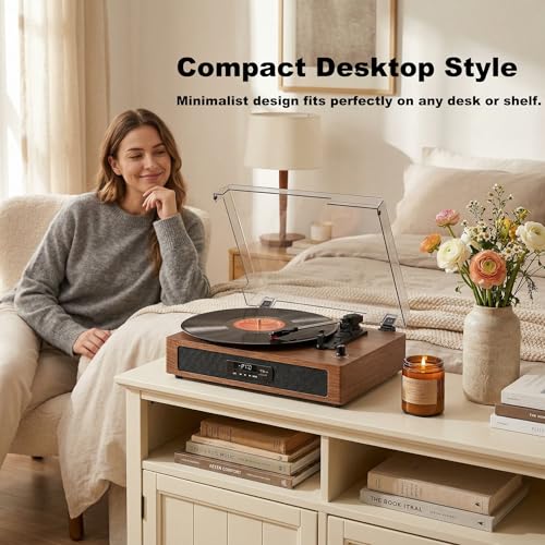 Image of Vintage Vinyl Record Player with Bluetooth & Built-in Speakers, 3-Speed Belt-Drive Turntable with USB Recording, RCA Out & AUX-in, Walnut
